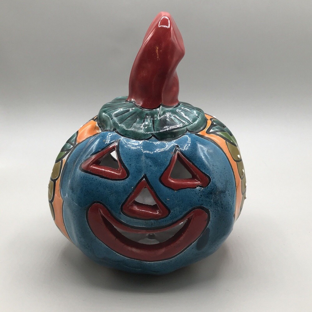 Talavera Pottery Pumpkin Jack O Lantern Halloween Mexican Folk Art Candle Holder